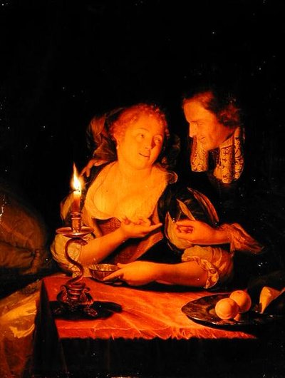 En gentleman tilbyder en dame en ring (olie på panel) af Godfried Schalcken