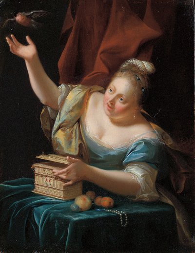 En kvinde, der sidder ved et bord i fancy kostume, befrier en sangfugl fra sit bur af Godfried Schalcken