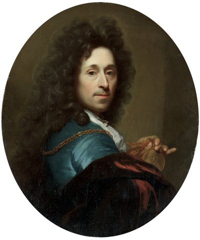 Portræt af kunstneren i en blå frakke og brun fløjlskap, med en medaljon af kurfyrsten Pfalz, Johann Wilhelm af Godfried Schalcken
