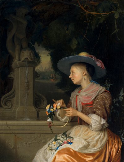 Kvinde, der væver en krone af blomster, ca. 1675-80 af Godfried Schalcken