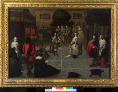 Karl II af England (1630-1685) danser i Haag (Holland), maj 1660, sandsynligvis med sin niece Elizabeth van de Paltz (1616-1680), til ceremonien, der blev afholdt for at genoprette hans titel som konge af England af Gonzales Coques
