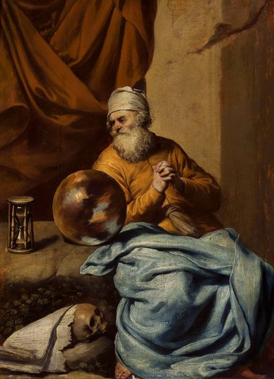 Gammel mand med en kugle, et timeglas, et kranium og bøger (Vanitas) af Gonzales Coques