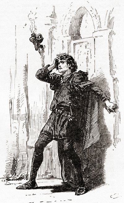 En scene fra William Shakespeares spiller Hamlet, Act I, Scene 5, Hamlet: Remember you! Ja, du stakkels spøgelse, mens hukommelsen holder plads i denne distraherede klode, fra The Works of William Shakespeare, pu af Gordon Frederick Browne