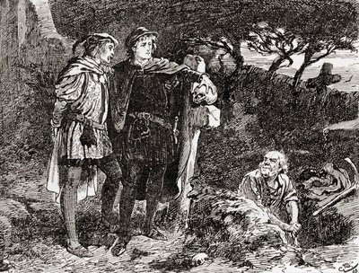 En scene fra William Shakespeares skuespil Hamlet, Akt V, Scene 1, Hamlet: Jeg kender ham, Horatio, en fyr med uendelig spøg, af mest fremragende fantasi, fra The Works of William Shakespeare, udgivet 1896 (f. af Gordon Frederick Browne