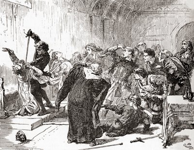 En scene fra William Shakespeares spiller Hamlet, Act V, Scene 2, Hamlet: The point envenomed too! End, gift, til dit arbejde. (Stabs the king), fra The Works of William Shakespeare, udgivet 1896 (graveret af Gordon Frederick Browne