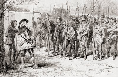 En scene fra William Shakespeares skuespil Kong Henry IV, del 1, akt IV, scene 2, Falstaffs pjaltede regiment, fra The Works of William Shakespeare, udgivet 1896 af Gordon Frederick Browne