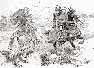 En scene fra William Shakespeares skuespil Kong Henry IV, del 1, Akt V, Scene 3, Earl of Douglas: Alls done, all won, here breathless lies the king, fra The Works of William Shakespeare, udgivet 1896 af Gordon Frederick Browne