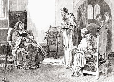 En scene fra William Shakespeares spiller King Henry VIII, Act III, Scene 1, Dronning Katherine: Gør hvad I vil, mine herrer, og bed tilgiv mig, hvis jeg har brugt mig selv umanerligt, fra The Works of William Sha af Gordon Frederick Browne