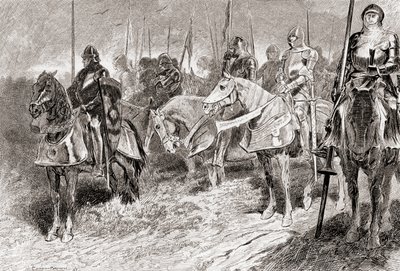 En scene fra William Shakespeares skuespil King Henry V, Act IV, Scene 2, Lord Grandpré: Rytterne sidder som faste lysestager med fakkelstave i hånden, fra The Works of William Shakespeare, pu af Gordon Frederick Browne