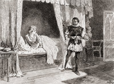 En scene fra William Shakespeares spiller Othello Act V, Scene 2, Desdemona: Talk you of killing? Othello: Ay I do, fra The Works of William Shakespeare, udgivet 1896 af Gordon Frederick Browne