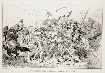 Clive leder stormningsholdet ved Devikota, en illustration fra "With Clive in India, or the Beginnings of an Empire" af G.A. Henty, udgivet af G.A. Henty. London, 1884 af Gordon Frederick Browne