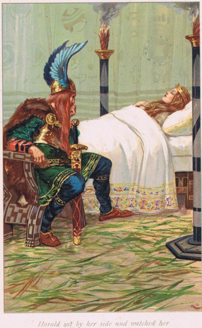 Harald sad ved hendes side og så på hende, illustration fra 
