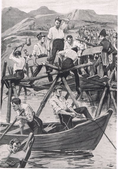 The Construction of the Bridge over Guadiana, 3. april 1811, illustration fra 
