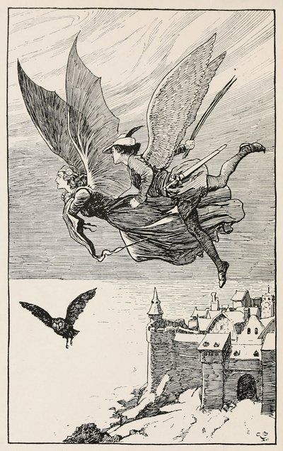 Rejsekammeraten fløj bag hende, fra Fairy Tales from Hans Anderson, pub 1919 (gravering) af Gordon Frederick Browne