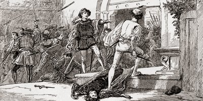 Tybalt dræbt af Romeo, scene fra William Shakespeares Romeo og Julie, akt III, Scene 1, fra The Works of William Shakespeare, udgivet 1896 af Gordon Frederick Browne