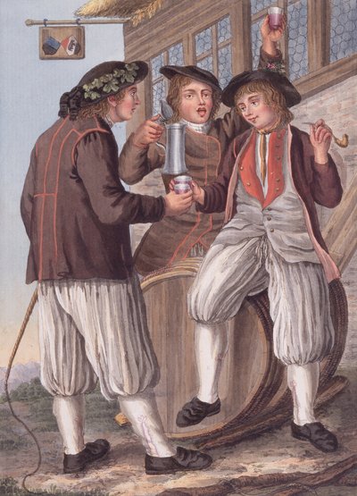 De tre Bacchus, bønder i kostume fra byen Morat, Schweiz (litografi) af Gottfried (after) Locher