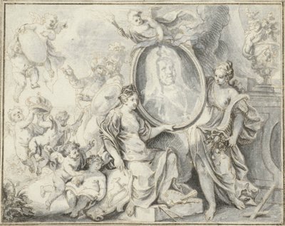 Mandsportræt i medaljon omgivet af allegoriske figurer af Gottfried Eichler (II)