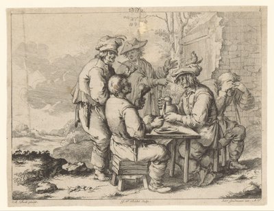 Fem landmænd ved bordet i det fri Landlig hygge (serietitel) af Gottlieb Friedrich Riedel