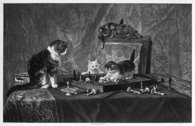 Katte leger med et skakbræt. af Goupil and Co