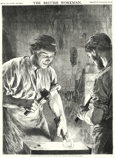 At komme ind i den tynde ende af kilen, eller "Slå mens jernet er varmt" (gravering) af Gourlay Steel
