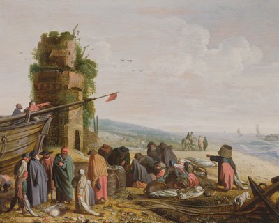 Fiskere på stranden med deres fangst (par med 59984) af Govaert Jansz