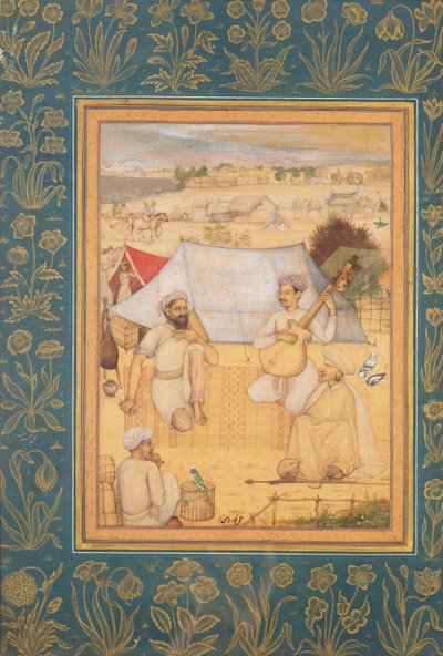 Musikere og sangere knæler i udkanten af en Mughal-lejr. En Yogi og en Tjener Lyt til dem, fra Minto Albummet, ca. 1630 af Govardhan