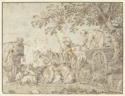 Bønder og kvæg ved en bondevogn af Govert Dircksz. Camphuysen (possibly)