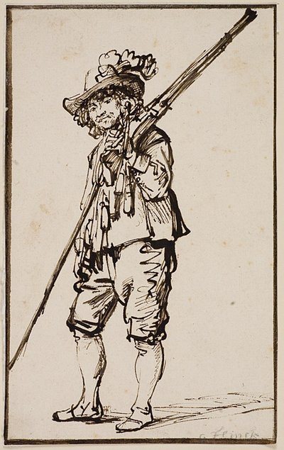 En stående soldat med en musket over skulderen af Govert Flinck