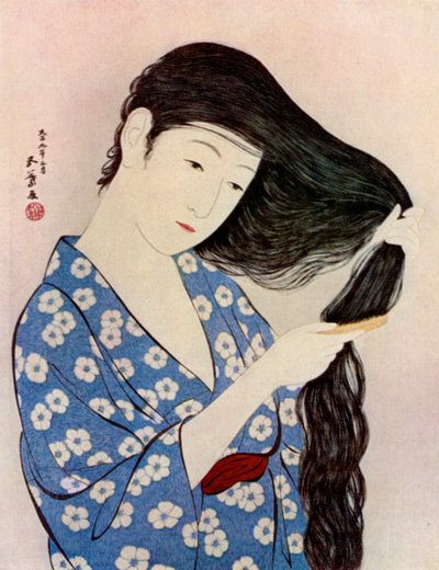 En japansk kvinde, der reder sit hår, 1920 1930. af Goyo Hashiguchi
