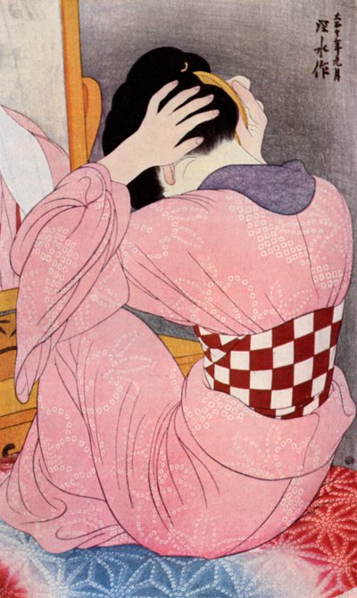 En japansk kvinde klæder sit hår, 1920