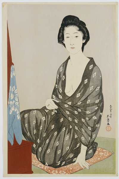 En skønhed i en sort kimono med hvide hanabishi-mønstre, siddende foran et spejl, 1920 af Goyo Hashiguchi