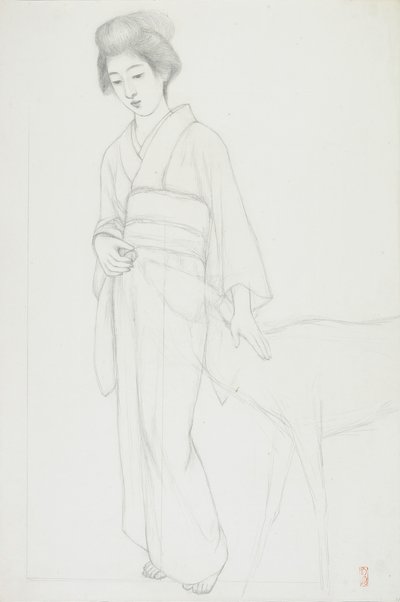 Tegning af kvinde, der stryger en hjort af Goyo Hashiguchi