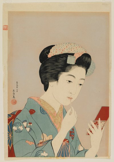 Kvinde, der påfører læberødt, Taisho-æraen, februar 1920 (farve-træsnit) af Goyo Hashiguchi