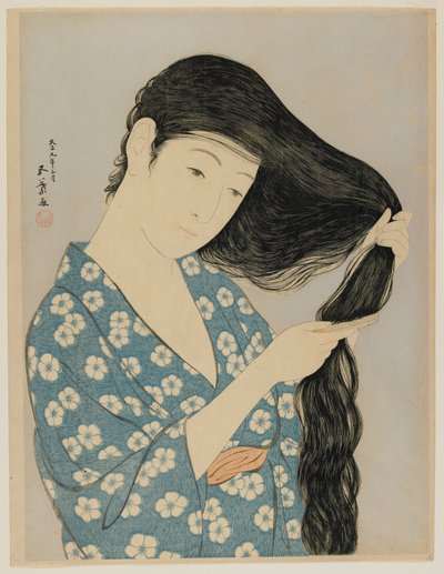 Woman Combing Her Hair, Taisho-æra, marts 1920 (træbloktryk i farver) af Goyo Hashiguchi