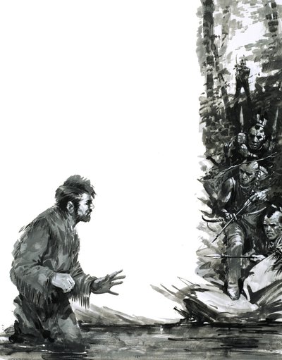 Alexander Mackenzie trues af indianere, da han vader gennem en flod af Graham Coton