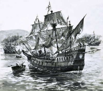 Drakes skib, Golden Hind, halter tilbage til Portsmouth med enorme rigdomme. af Graham Coton