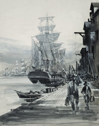 Havnescene (gouache på papir) af Graham Coton