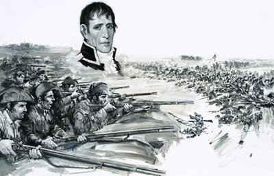 Portræt af general Andrew Jackson over billedet af det britiske nederlag ved New Orleans i 1815 af Graham Coton