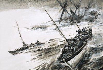Uidentificeret skibsvrag med redningsbåde, der flygter ud i det stormfulde hav af Graham Coton