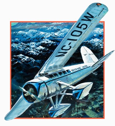 Wiley Hardemann Post flyver Winnie May solo jorden rundt (gouache på papir) af Graham Coton