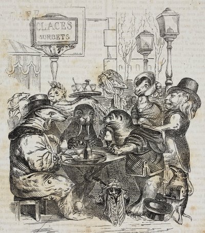 Udyr, der sidder i isbutik, litografi af Giovanni Mariani efter karikatur af Jean-Jacques Grandville (1803-1847) fra Poliorama Pittoresco, nr. 24, 21. januar af Grandville