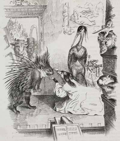 Hund og pindsvin, karikatur af Jean-Jacques Grandville (1803-1847), litografi af Giovanni Mariani fra Poliorama Pittoresco, n 38, 30. april af Grandville
