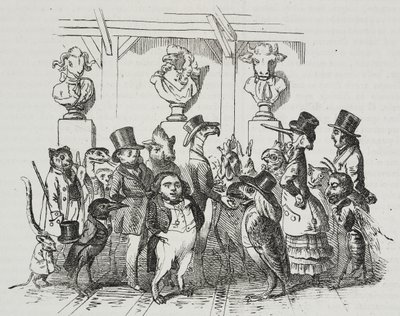 Udgang fra teatret, karikatur af Jean-Jacques Grandville (1803-1847), litografi af Giovanni Mariani fra Poliorama Pittoresco, nr. 39, 7. maj af Grandville