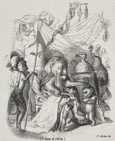 Lion of Africa, karakter af historien om afrikansk løve og tre indfødte unge løver, litografi af Filippo Molino (1804-1856) efter tegning af Jean-Jacques Grandville (1803-1847), af Grandville