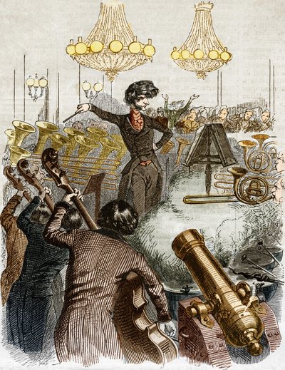 En koncert har et maskingevær. Tegnefilm af Hector Berlioz under ledelse af et orkester. I "" Jerome Paturot på jagt efter en social position"" illustreret af Grandville. af Grandville