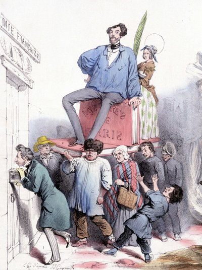 Alfred de Vigny banker på døren til akademiet med sine komplette værker, og Eugène Sue, der sidder på "" Les mystères de Paris"", klædt i Prins Rodolphes blå lærredspalet - af Grandville, i "" Le Charivari""" af 21/02/1844 af Grandville