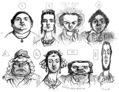 Tegneserier, der illustrerer de forskellige former for ansigter, udtryk og forbinder dem med distinkte moralske karakteristika af Jean Ignace Isidore Gerard Grandville (1803 -1847). I "" Den maleriske butik"" 1835 af Grandville