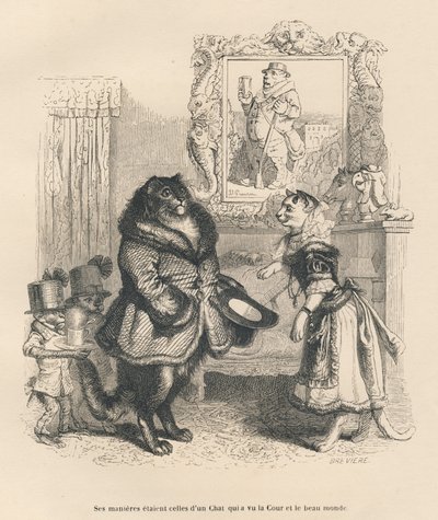 Hofkat hilser på en ung hunkat. Miniaturer illustreret af JJ Granville. Gravering signeret Breviere i delen med titlen "Court pains of an English cat" skrevet af Honore de Balzac i "Scener fra dyrenes private og offentlige liv". Paris, J af Grandville