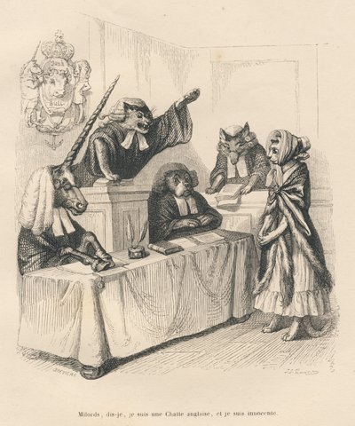 Kat, der forsvarer sig i en domstol bestående af en enhjørning, en kat, en hund og en ulv. Miniaturer illustreret af JJ Granville. Gravering signeret Breviere i delen med titlen "Court pains of an English cat" skrevet af Honore de Balzac i "Sc af Grandville