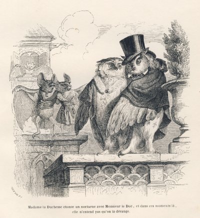 Flagermus lytter til en ugle og en ugle synger. Vignetter illustreret af JJ Granville. Gravering signeret Breviere i delen med titlen "Erindringer om en gammel krage" skrevet af PJ Stahl i "Scener fra dyrenes private og offentlige liv". Pa af Grandville